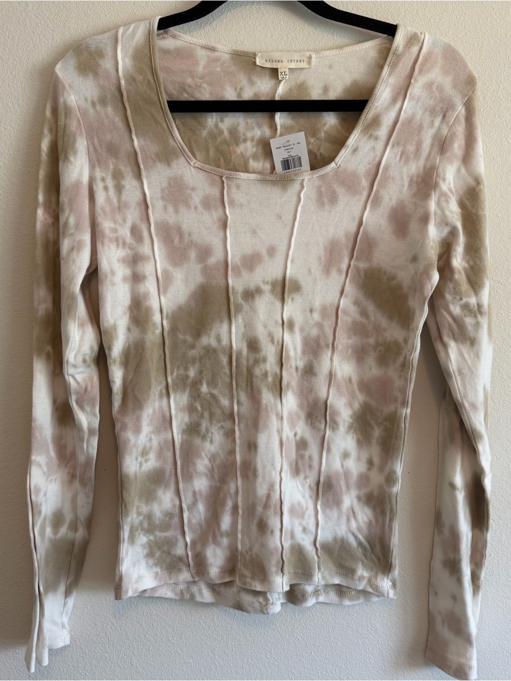 Gilded Intent Women’s Square Neck Long Sleeve Fitted Top Green Tie Dye XL NWT